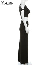 Yiallen Women Sexy 2-Piece Diagonal Collar Y2K Sleeveless Top+New Elegant High Waist Slim Skirt Autumn Winter Fashion Street Set - Lootquake