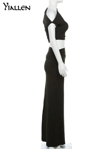 Yiallen Women Sexy 2-Piece Diagonal Collar Y2K Sleeveless Top+New Elegant High Waist Slim Skirt Autumn Winter Fashion Street Set - Lootquake