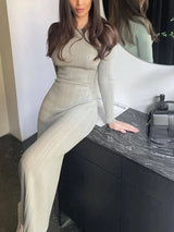 Autumn Winter Solid Color Bodycon Knit Dress Women Long Sleeve Crew Neck Ribbed Dress Slim Fit Long Dress - Lootquake