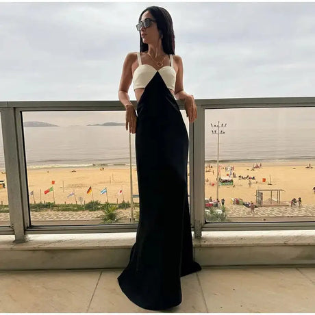 Fashion Black White Patchwork Long Dress Women Sexy Hollow Waist Slim Fits Party Robes Causal Vocation High Street Vestidos - Lootquake