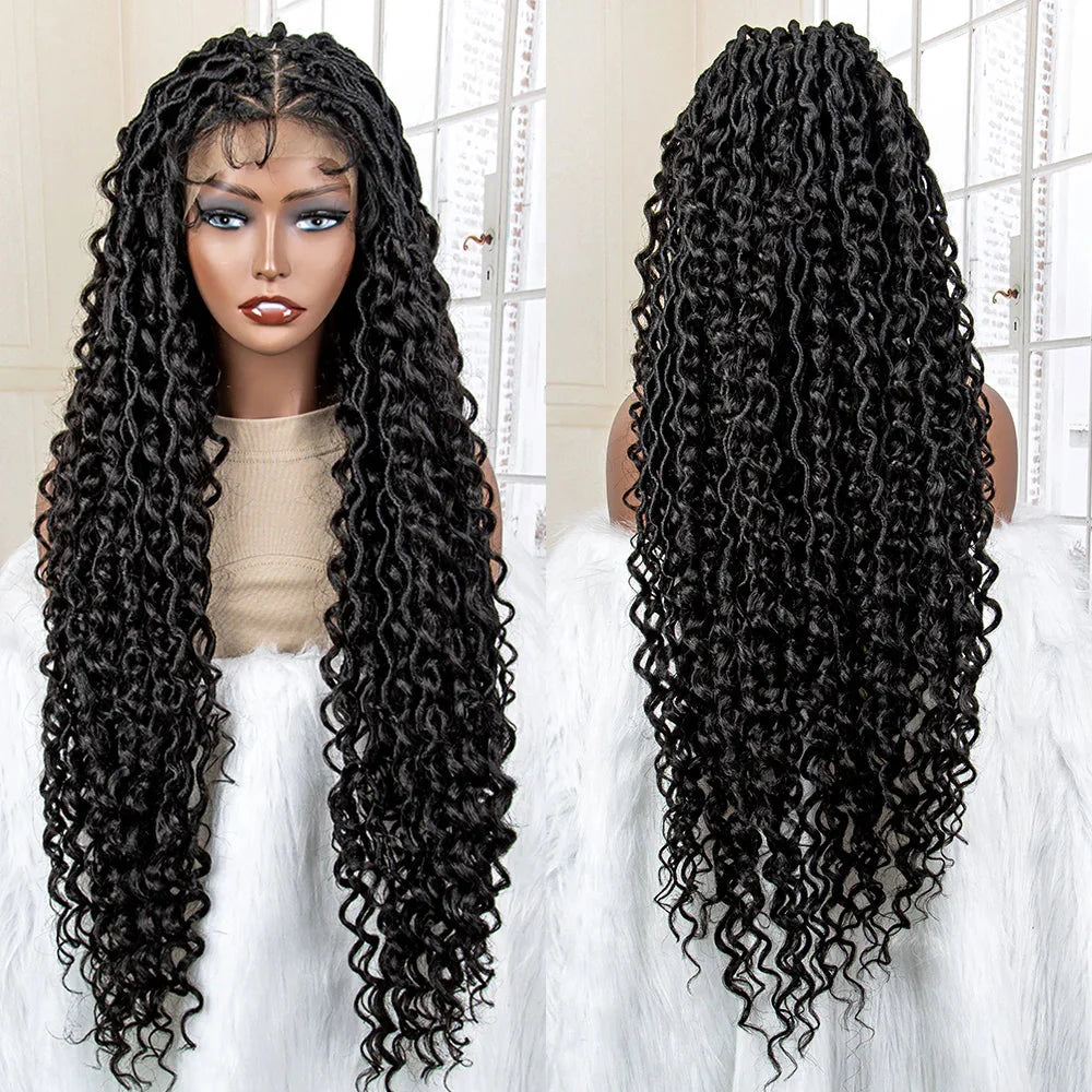 36" Knotless Dreadlock Braided Full Lace Wig | Curly Ends | Synthetic Locs Braids | Black Women