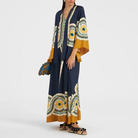 Ethnic Retro Spring Print Boho Long Dress Women Sexy Stand Collar Lace-up Party Dress Fall Long Sleeve Loose Ladies Maxi Dresses - Lootquake
