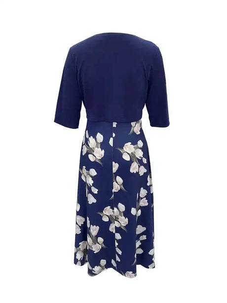 2024 European and American Autumn New Women's Long Dress Two Piece Flower and Grass Print Round Neck Dress Coat Women - Lootquake