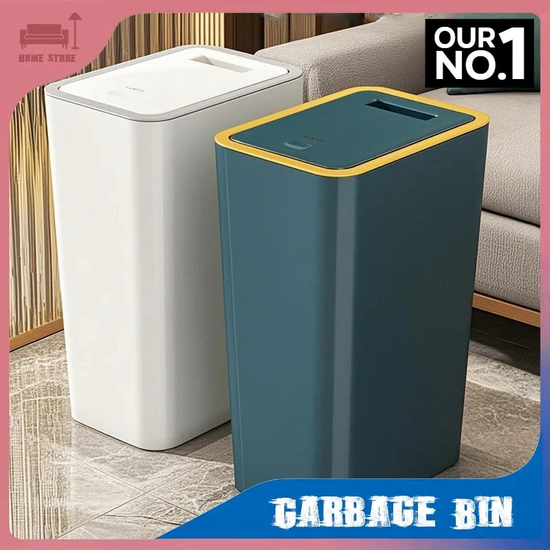 10L/12L Plastics Garbage Bin Bathroom Trash Can Slim Trash Can with One-Touch Lid Bathroom Kitchen Garbage Bin Home Supplies