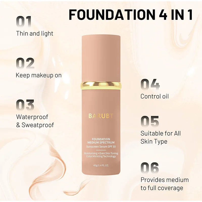 Fond de teint bionique 4 en 1, anti-cernes liquide, hydratant, couvrance totale, longue tenue, waterproof, spectre SPF50+, imite les couleurs