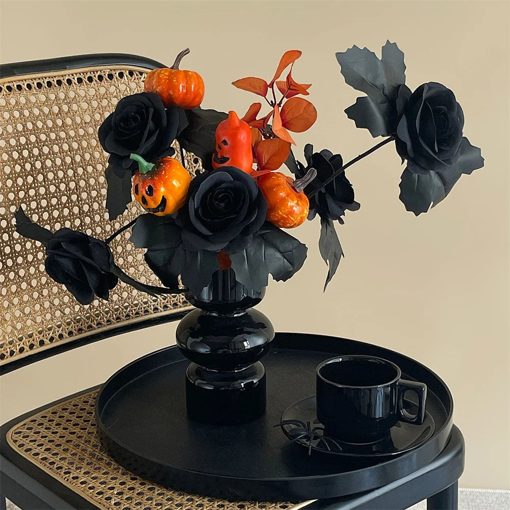 Halloween Decoration Artificial Flowers Bouquet With Pumpkins & Black Roses, Halloween Table Centerpiece For Dining Living Room
