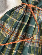 Autumn Winter Plaid Woolen Dress Women Vintage V Neck Sleeveless Long Dress With Belt Streetwear Sundress - Lootquake