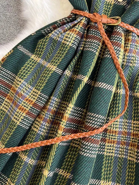 Autumn Winter Plaid Woolen Dress Women Vintage V Neck Sleeveless Long Dress With Belt Streetwear Sundress - Lootquake