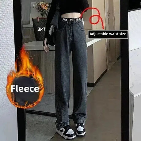 Thickened Fleece-lined Women's Jeans 2022 Winter New Style Slimming Versatile Loose-fit Straight-leg Bell Bottoms Trendy - Lootquake