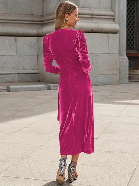 Elegant Solid Velvet Long Dress Women V-neck Wrap Long Sleeve High Waist Ruched Lace-up Birthday Dress Evening Sexy Party Vestid - Lootquake