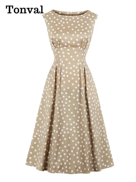 Tonval Khaki Color High Waist Elegant Polka Dot Women Vintage Long Dress Sleeveless Pocket Side Ladies Midi Dresses Retro - Lootquake