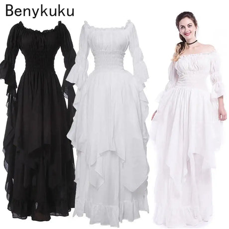 White Victorian Medieval Renaissance Long Dress Plus Size Women Cosplay Halloween Costume Princess Gown Vintage Gothic Dresses - Lootquake
