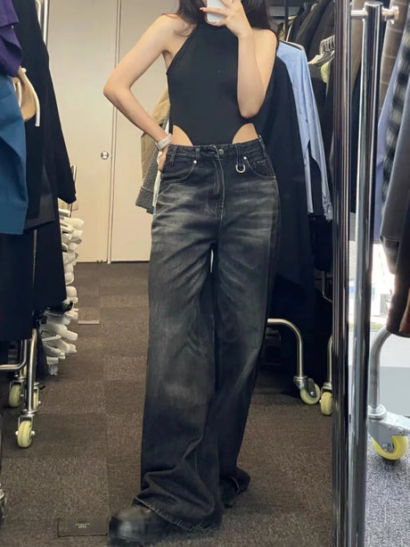 HOUZHOU Vintage Black Wide Leg Jeans Women Oversized High Street Korean Fashion Baggy Denim Trousers Grunge Y2k Female Hip Hop - Lootquake