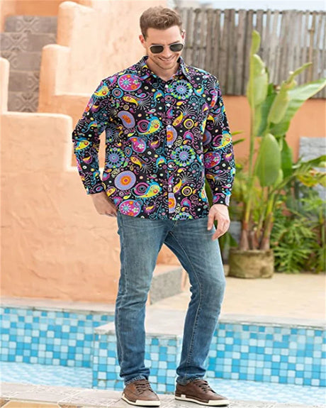 Fashionable Men's 70s Disco Shirts Casual Shirts Floral Vintage Long Sleeve Shirts Button Lapel Cardigan Mens Oversized Shirts - Lootquake