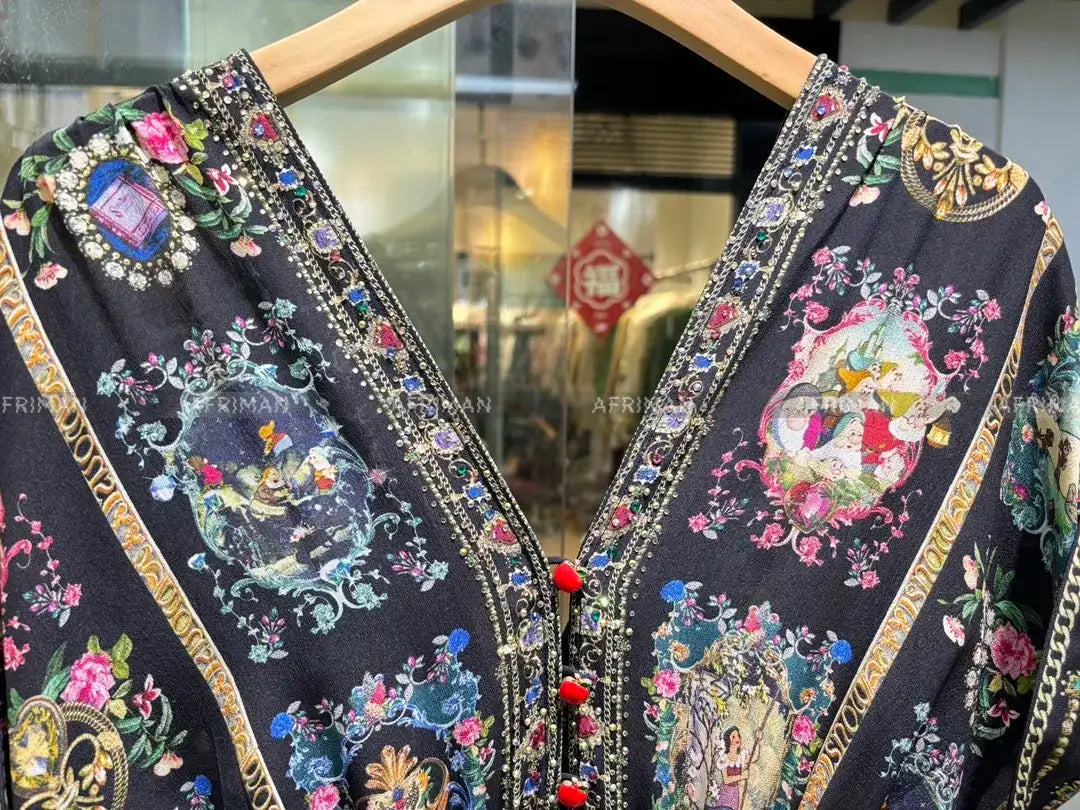 Women New V Neck Crystal Beaded Short Sleeve Retro Cartoon Print Elastic High Waist Silk Long Dress - Lootquake