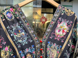 Women New V Neck Crystal Beaded Short Sleeve Retro Cartoon Print Elastic High Waist Silk Long Dress - Lootquake