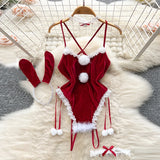 Red Christmas Sexy Lingerie Shawl Set Halter Jumpsuit Lace-up Cosplay Costume New In Women Clothes Skinny Bodysuit Suit Hotsweet - Lootquake