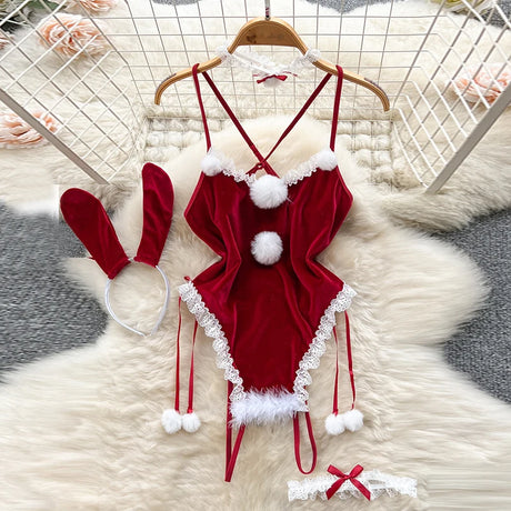 Red Christmas Sexy Lingerie Shawl Set Halter Jumpsuit Lace-up Cosplay Costume New In Women Clothes Skinny Bodysuit Suit Hotsweet - Lootquake