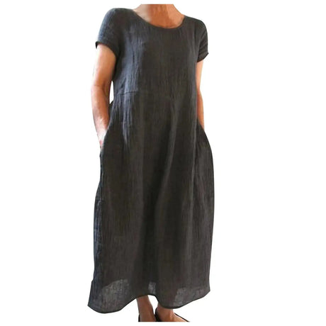 Spring Summer Woman Long Dress Office Lady Fshion Casual Loose Solid O-neck Short Sleeve Dresses For Women 2024 Female Robe - Lootquake
