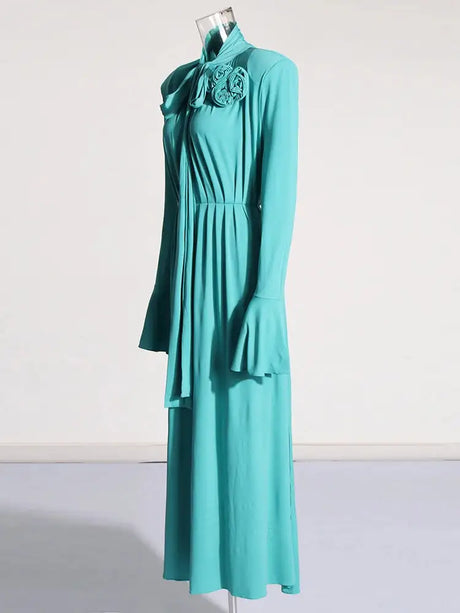 Solid Patchwork Appliques Dresses For Women Half High Collar Flare Sleeve High Waist Elegant Long Dress Female Fashion New - Lootquake