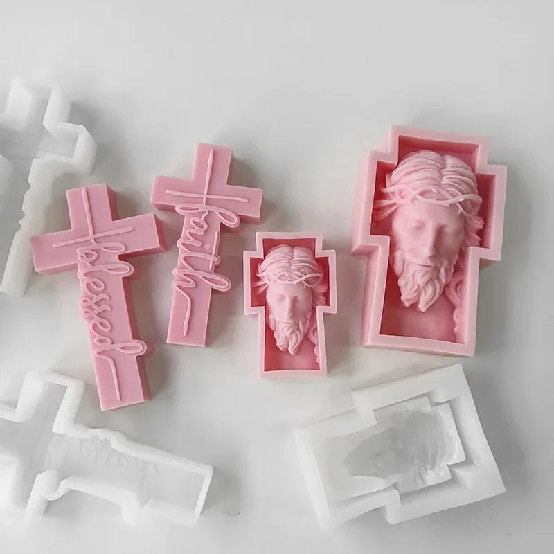 Portrait Face Silicone Mold Jesus Sculpture Cross Aroma Candle Resin Plaster Ornament Mold Home Decor Crafts Making Mould