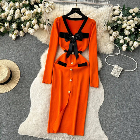 SINGREINY Office Lady Sweater Long Dress 2023 Bow Single Breasted Elastic Split Women Autumn Dress Fashion Senior Knitted Dress - Lootquake
