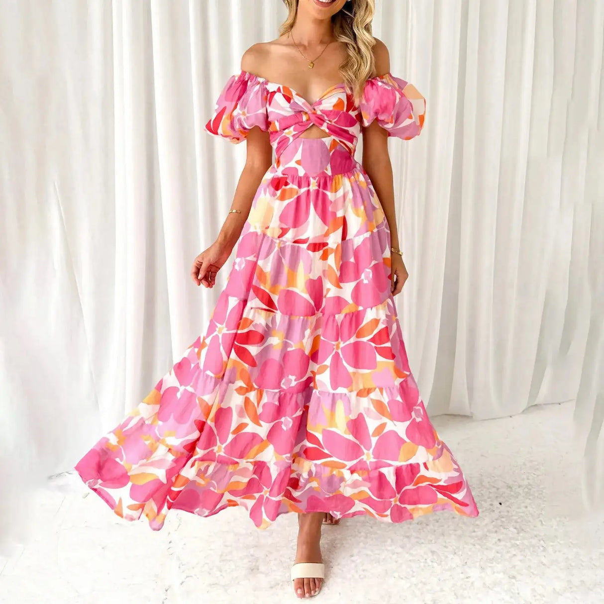 Summer V Neck Cutout Floral Print Dresses Elegant Women Puff Short Sleeve Casual Dress Pleated Waisted Swing Beach Long Dress - Lootquake