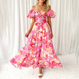 Summer V Neck Cutout Floral Print Dresses Elegant Women Puff Short Sleeve Casual Dress Pleated Waisted Swing Beach Long Dress - Lootquake