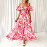 Summer V Neck Cutout Floral Print Dresses Elegant Women Puff Short Sleeve Casual Dress Pleated Waisted Swing Beach Long Dress - Lootquake