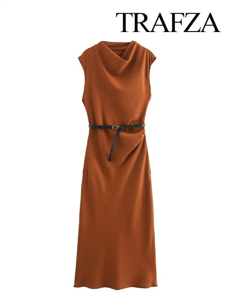 TRAFZA Women's Autumn New Fashion Versatile Belted Midi Slim Long Dress Female Elegant High Street Sleeveless Casual Dress Mujer - Lootquake