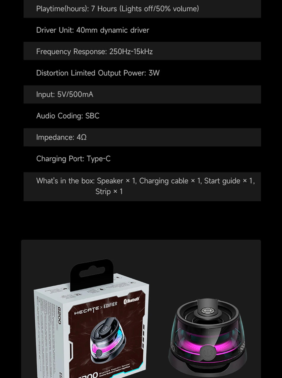 Enceinte Bluetooth portable Edifier HECATE G200, éclairage RGB, haut-parleur magnétique BT5.3, mini caisson de basses, autonomie de 7 heures, support pour téléphone