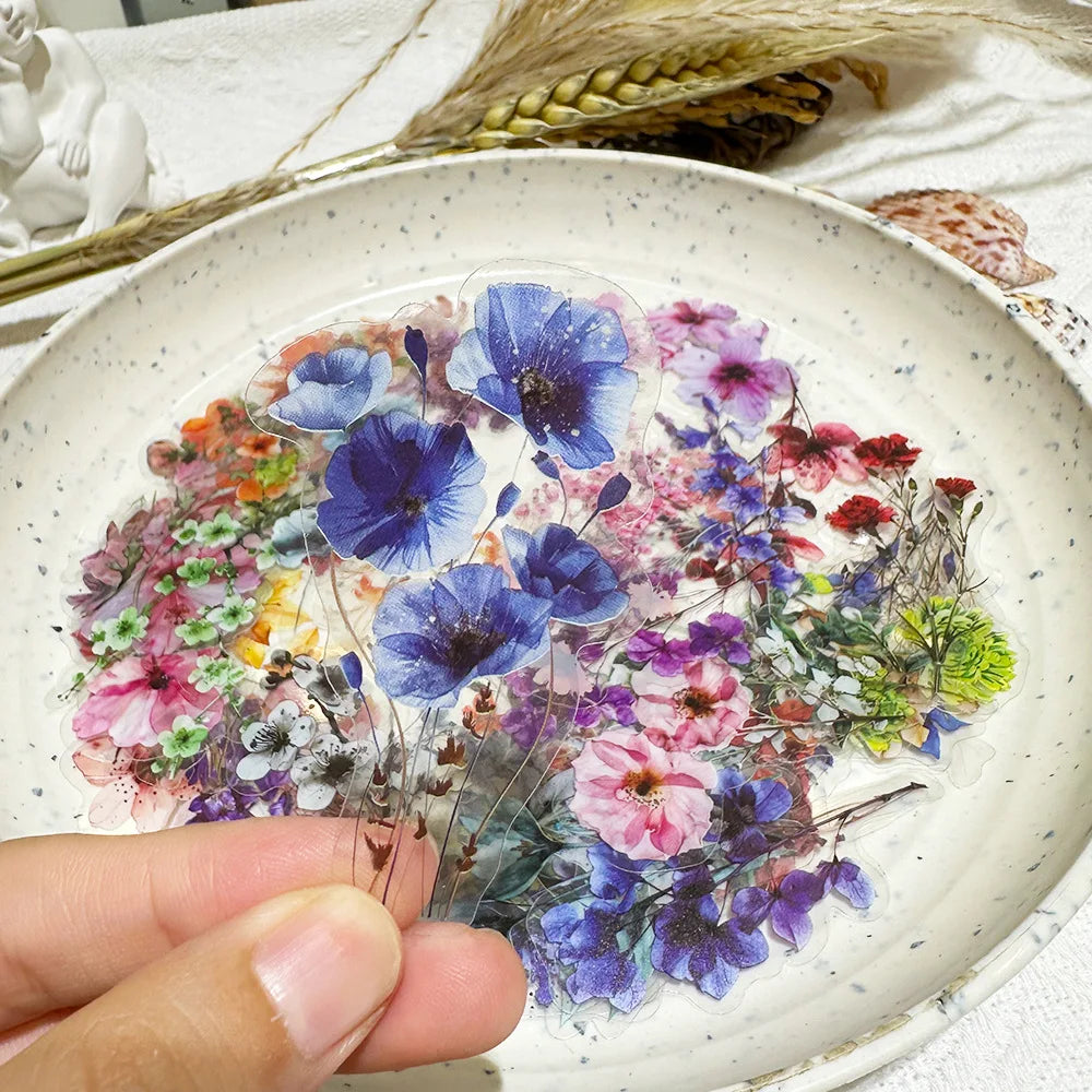 Paquete de 50 pegatinas de flores con tinta, impermeables, transparentes, de PET, para cuadernos, guitarras y flores.