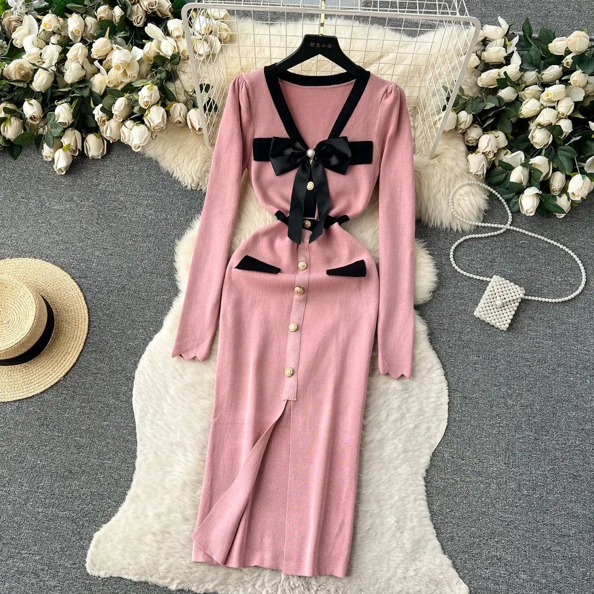 SINGREINY Office Lady Sweater Long Dress 2023 Bow Single Breasted Elastic Split Women Autumn Dress Fashion Senior Knitted Dress