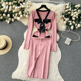 SINGREINY Office Lady Sweater Long Dress 2023 Bow Single Breasted Elastic Split Women Autumn Dress Fashion Senior Knitted Dress