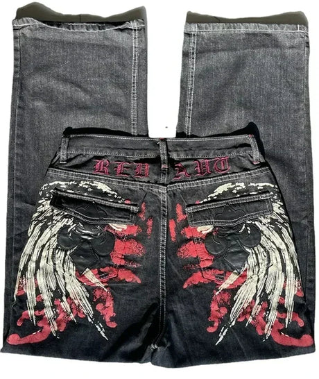 Harajuku Embroidered Casual Jeans New style Retro High Waist American Straight Leg Couples Wear Wide Leg Pants Women Clothing - Lootquake