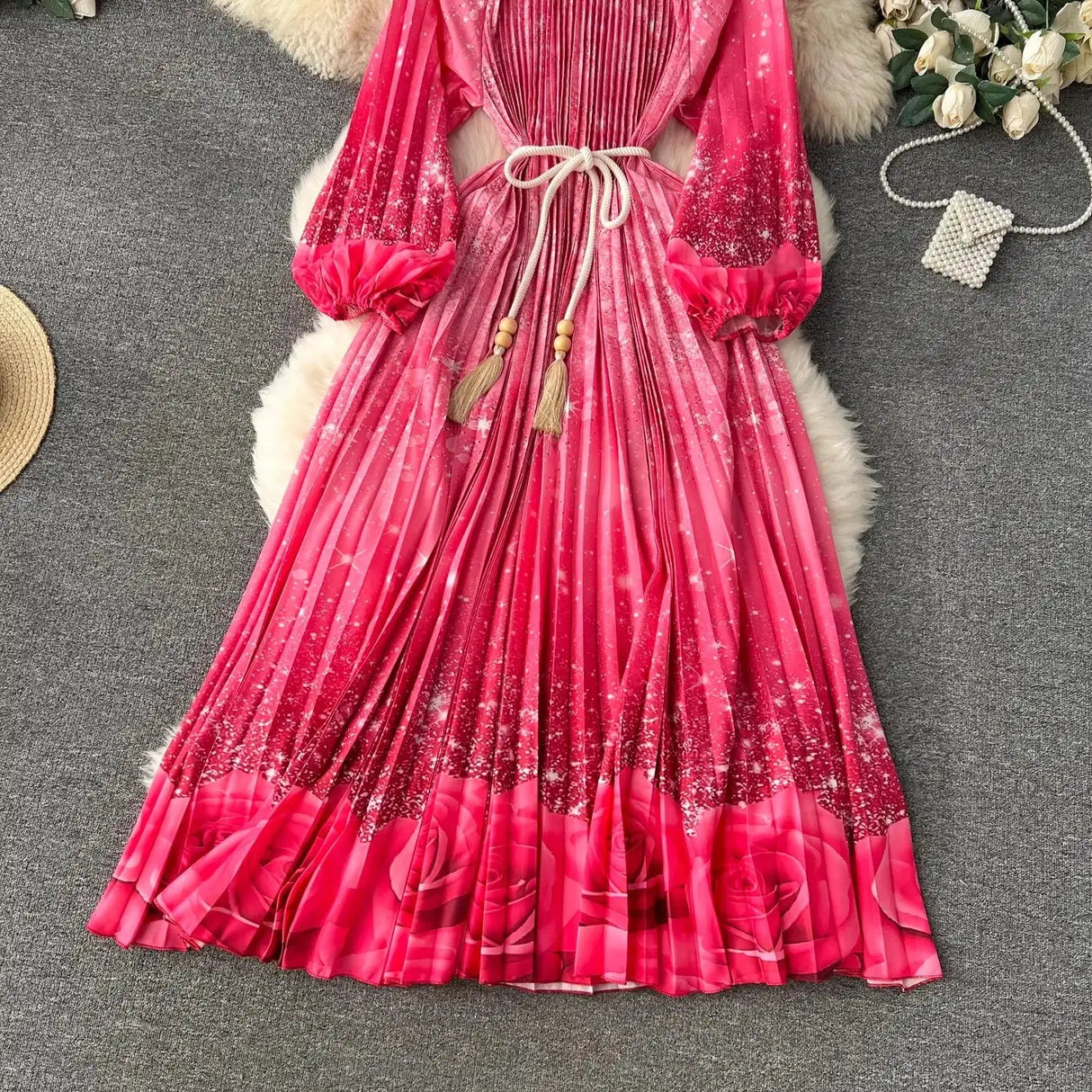 Spring Holiday Print Long Dress For Women Fashion Loose Lantern Sleeve Party Robe Female Big Swing Tassels Belt Pleated Clothes