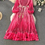 Spring Holiday Print Long Dress For Women Fashion Loose Lantern Sleeve Party Robe Female Big Swing Tassels Belt Pleated Clothes