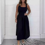 Spring Summer Sleeveless Tank T-shirt Dress Women Sexy U Neck Loose A-Line Long Dress Casual Solid Comforty Simple Party Dresses - Lootquake
