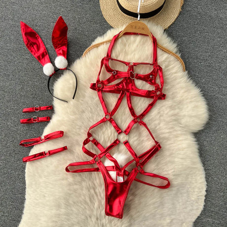 Red Christmas Sexy Lingerie Shawl Set Halter Jumpsuit Lace-up Cosplay Costume New In Women Clothes Skinny Bodysuit Suit Hotsweet - Lootquake