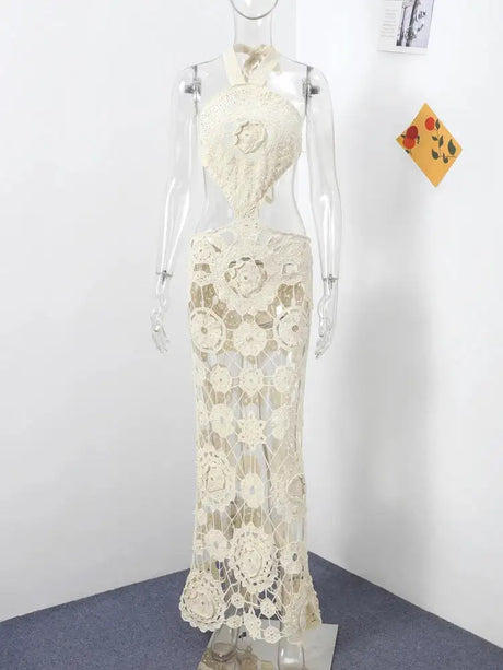 Fashion Hollow Out Halter Maxi Dress For Women 2024 Sexy Sleeveless Backless Long Dress Holiday Hook Flower Knitted Beach Robe - Lootquake