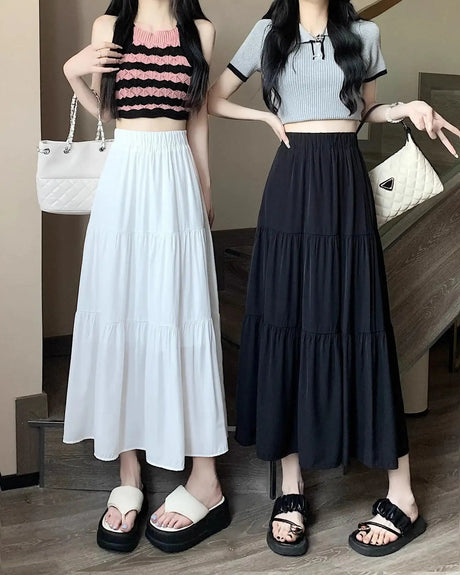 Spring 2024 New Women's Petite Black Umbrella Skirt High-waisted A- line White Dress Long Dress Drape Sense - Lootquake