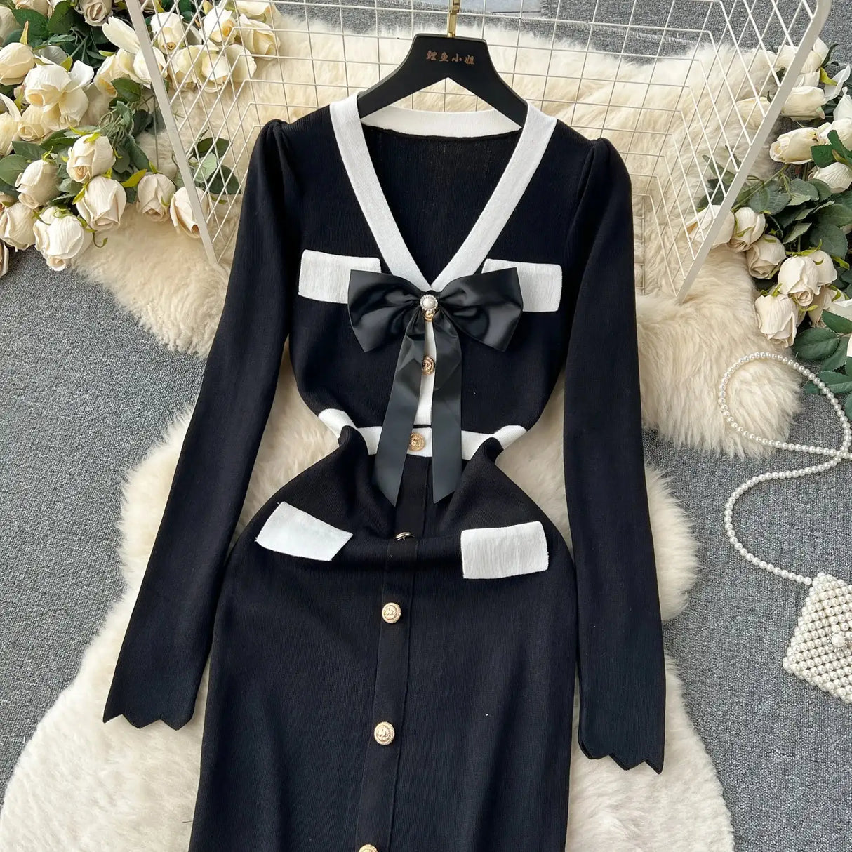 SINGREINY Office Lady Sweater Long Dress 2023 Bow Single Breasted Elastic Split Women Autumn Dress Fashion Senior Knitted Dress