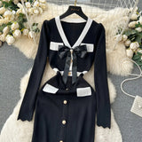 SINGREINY Office Lady Sweater Long Dress 2023 Bow Single Breasted Elastic Split Women Autumn Dress Fashion Senior Knitted Dress