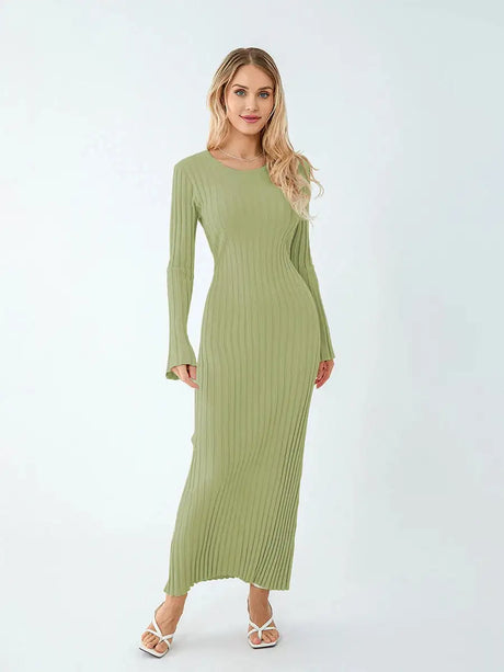 Women Spring Autumn Lace-up Knit Dress Elegant Long Sleeve Crew Neck Ribbed Solid Color Long Dress Streetwear - Lootquake