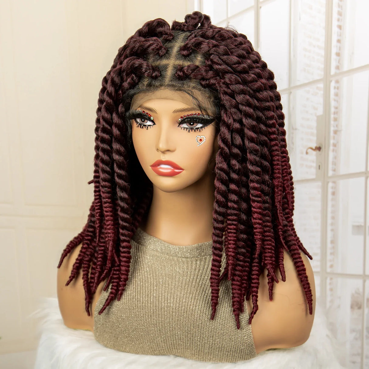 16 Inch Brown Twisted Braided Bob Wig | Full Lace | Kanekalon Fiber | For Black Women