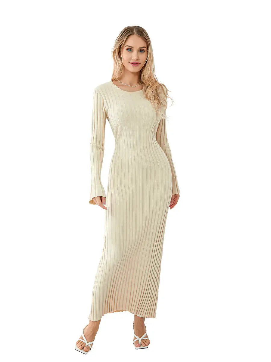 Women Spring Autumn Lace-up Knit Dress Elegant Long Sleeve Crew Neck Ribbed Solid Color Long Dress Streetwear - Lootquake