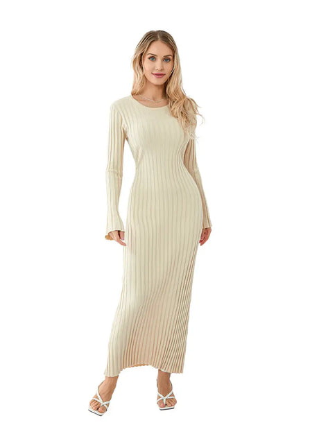 Women Spring Autumn Lace-up Knit Dress Elegant Long Sleeve Crew Neck Ribbed Solid Color Long Dress Streetwear - Lootquake