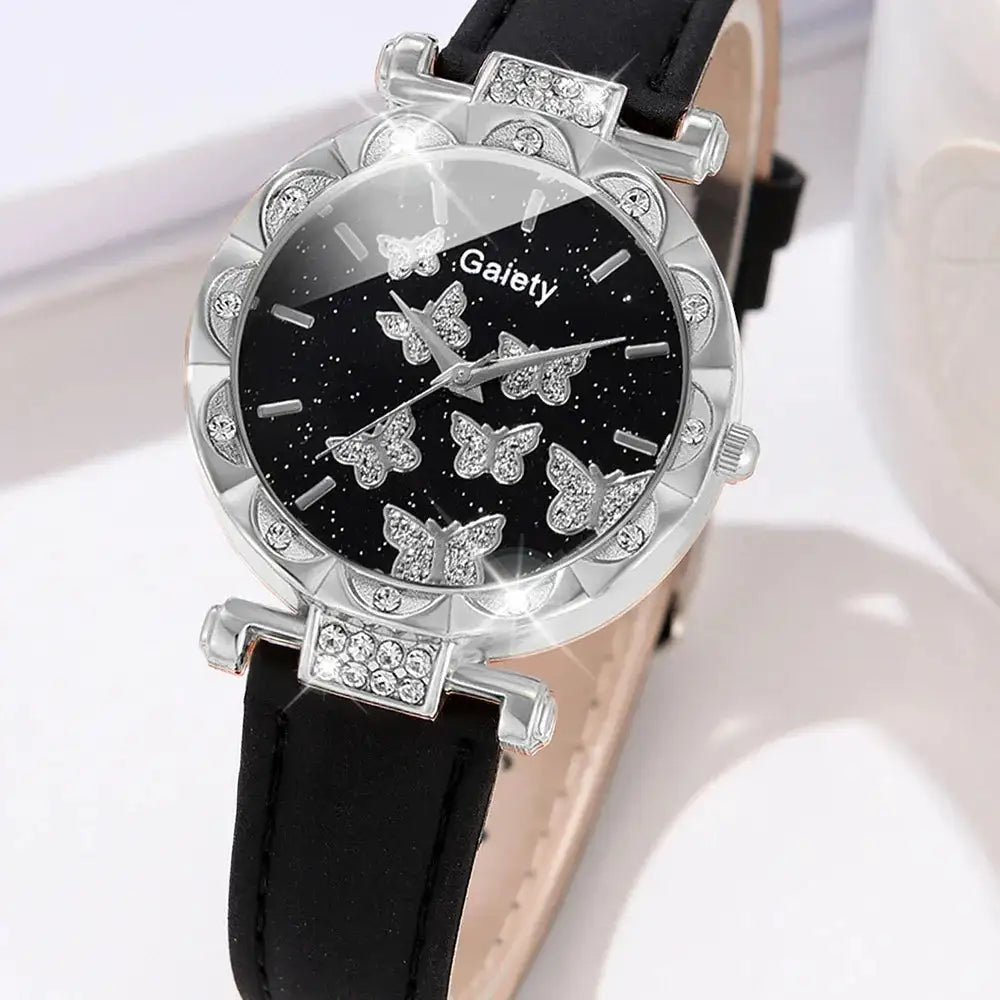6PCS/Set Women Watch Set Rhinestone Quartz Wristwatch Butterfly Element Dial Watch Set Butterfly Jewelry Set Gift For Girls - Lootquake