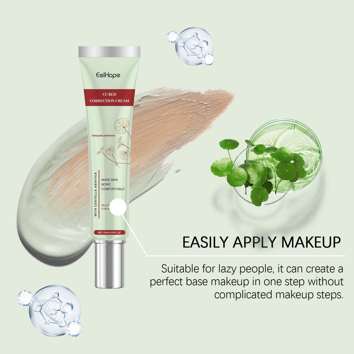 Crema CC Centella Asiática EelHope: Base hidratante y correctora para maquillaje nude, ilumina el cutis e hidrata.