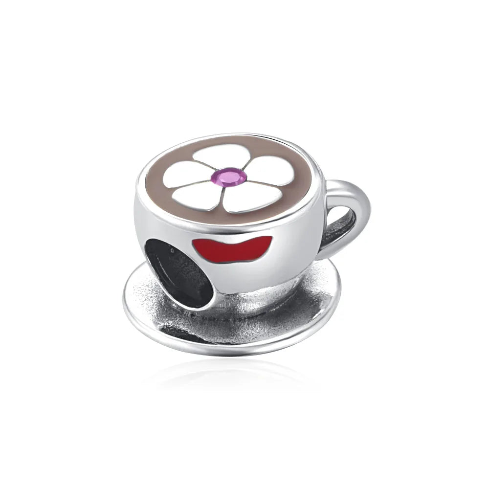Dije de plata de ley 925 con forma de café, vino tinto, cafetera, copa de champán, compatible con pulseras colgantes originales, joyería DIY para mujer.